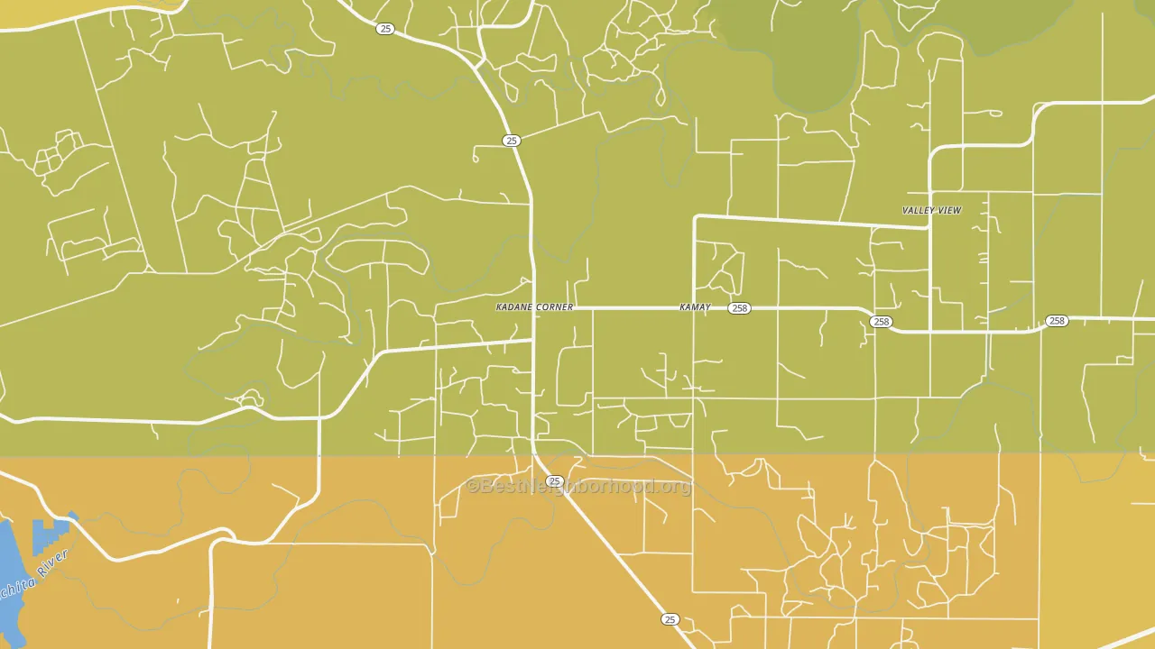 Map of the best neighborhoods in the Kadane Corner area, with better matches in green and worse matches in red