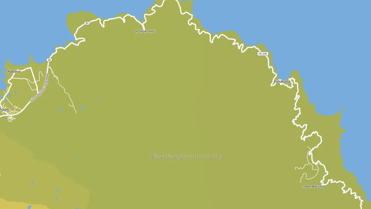Map of the best neighborhoods in the Kahakuloa area, with better matches in green and worse matches in red