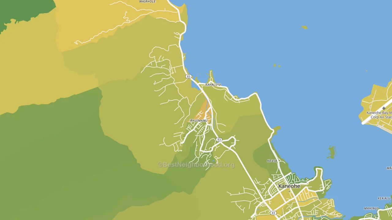 Map of the best neighborhoods in the Kahaluu, Kaneohe area, with better matches in green and worse matches in red