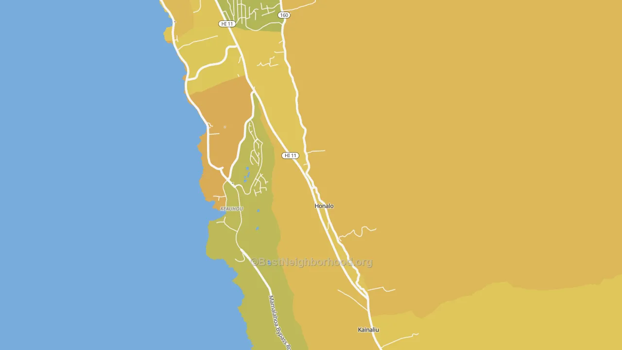 Map of the best neighborhoods in the Kahaluu-Keauhou area, with better matches in green and worse matches in red