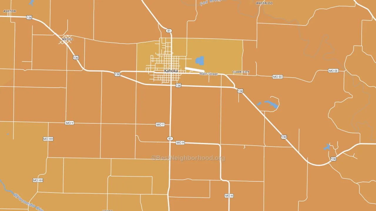Map of the best neighborhoods in the Kahoka area, with better matches in green and worse matches in red