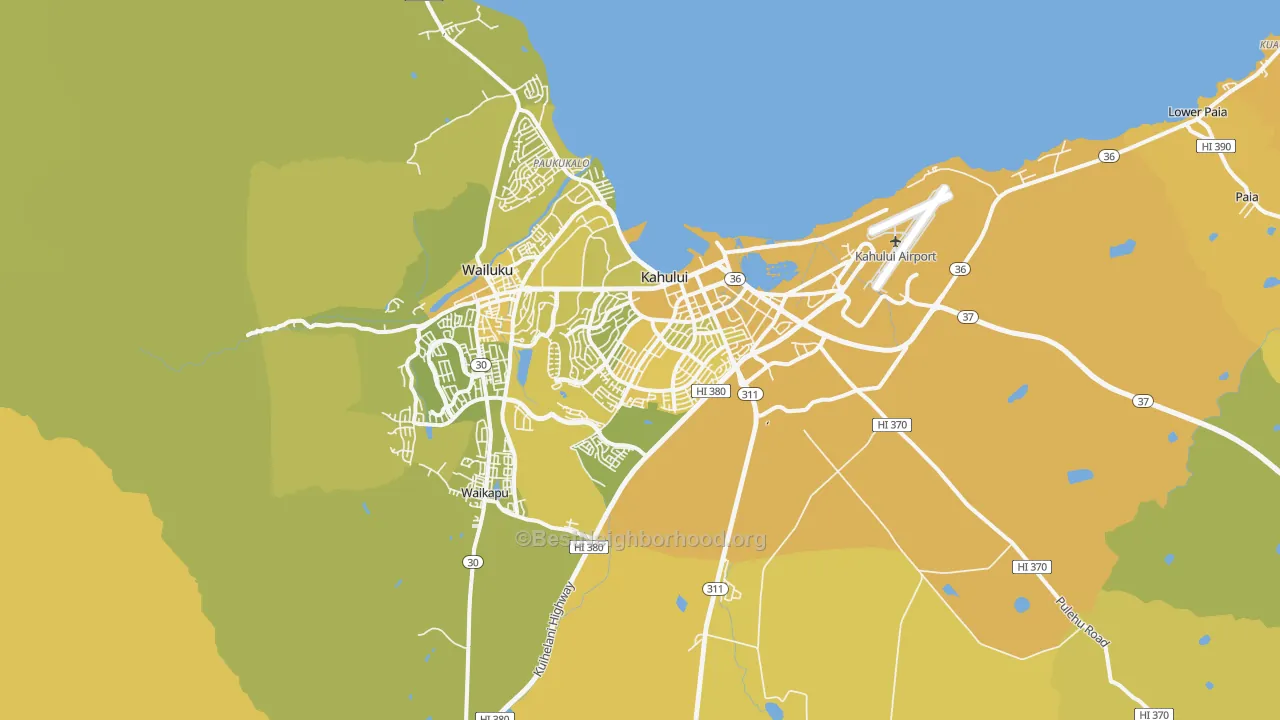 Map of the best neighborhoods in the Kahului Metro area, with better matches in green and worse matches in red