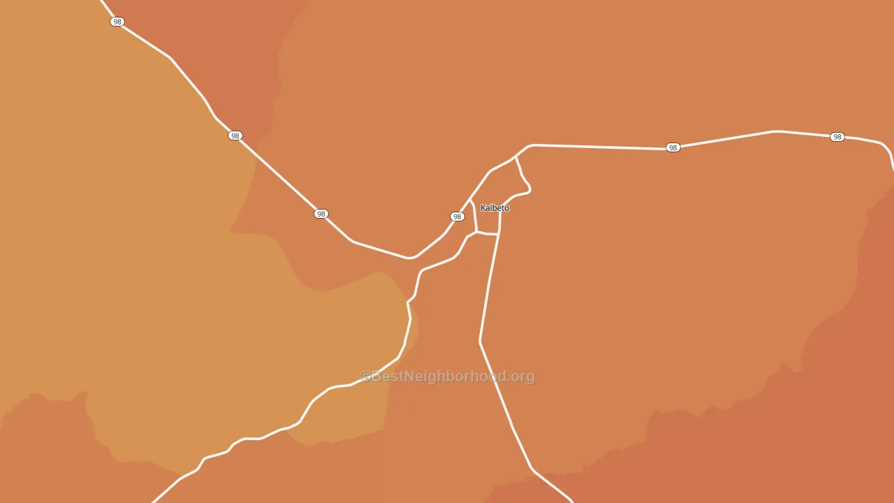 Map of the best neighborhoods in the Kaibito area, with better matches in green and worse matches in red