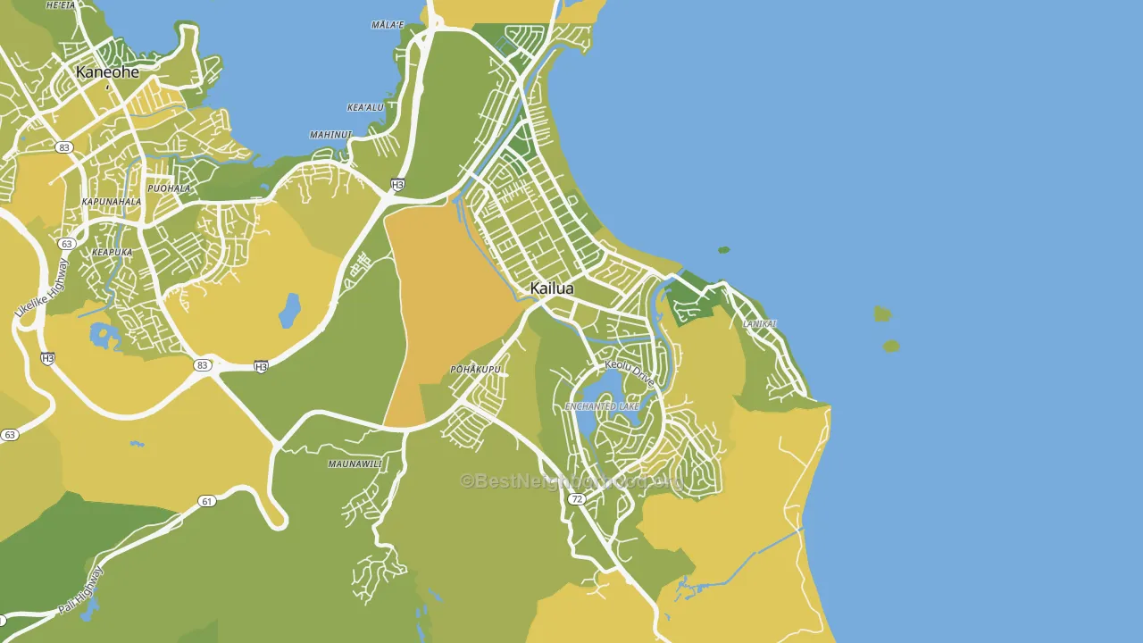 Map of the best neighborhoods in the Kailua area, with better matches in green and worse matches in red