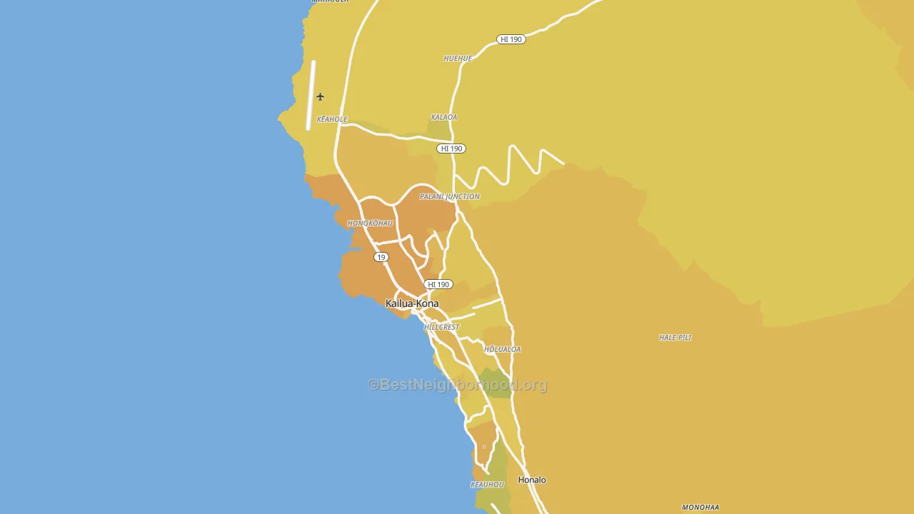 Map of the best neighborhoods in the Kailua-Kona area, with better matches in green and worse matches in red