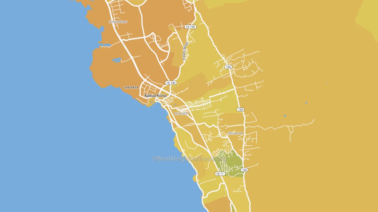 Map of the best neighborhoods in the Kailua Kona, Kailua-Kona area, with better matches in green and worse matches in red