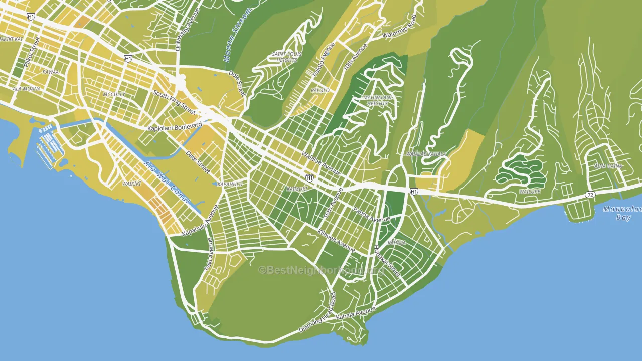 Map of the best neighborhoods in the Kaimuki, Honolulu area, with better matches in green and worse matches in red