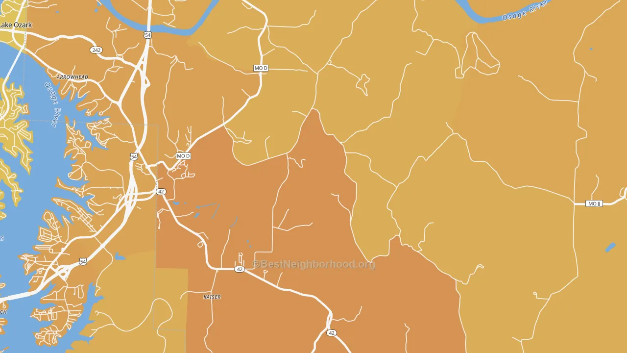 Map of the best neighborhoods in the Kaiser area, with better matches in green and worse matches in red
