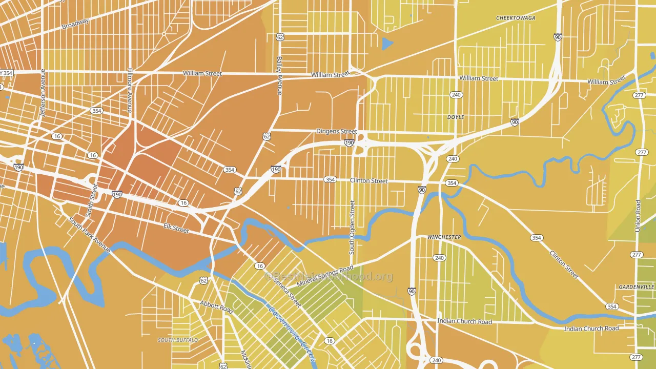 Map of the best neighborhoods in the Kaisertown, Buffalo area, with better matches in green and worse matches in red