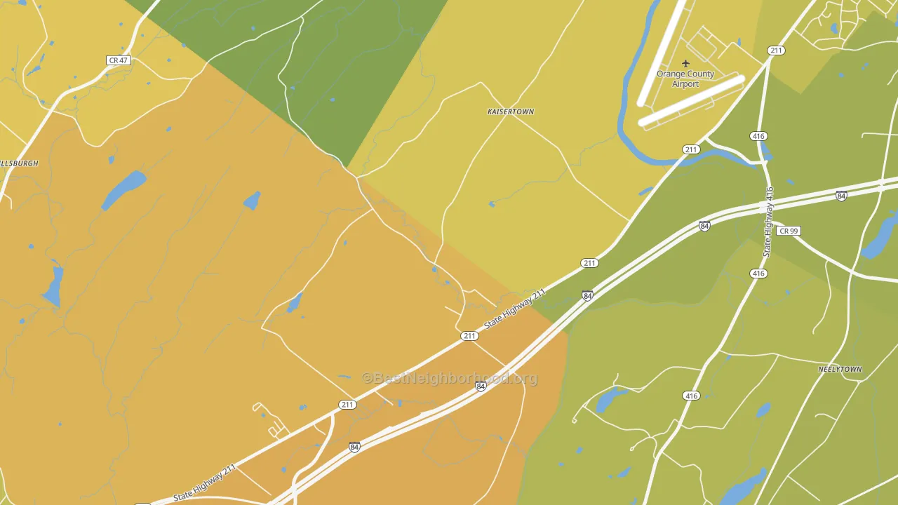 Map of the best neighborhoods in the Kaisertown area, with better matches in green and worse matches in red
