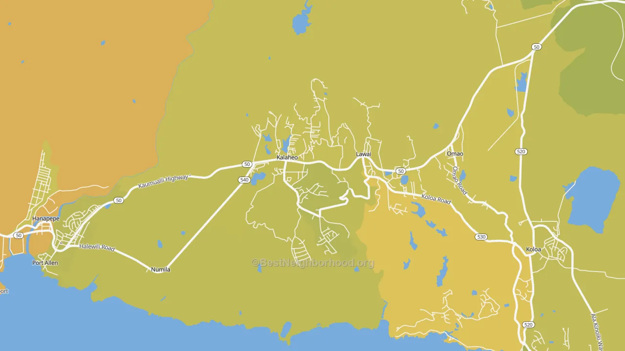 Map of the best neighborhoods in the Kalaheo area, with better matches in green and worse matches in red