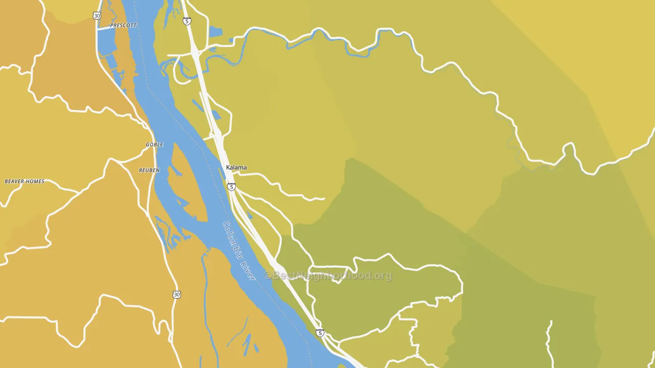 Map of the best neighborhoods in the Kalama area, with better matches in green and worse matches in red