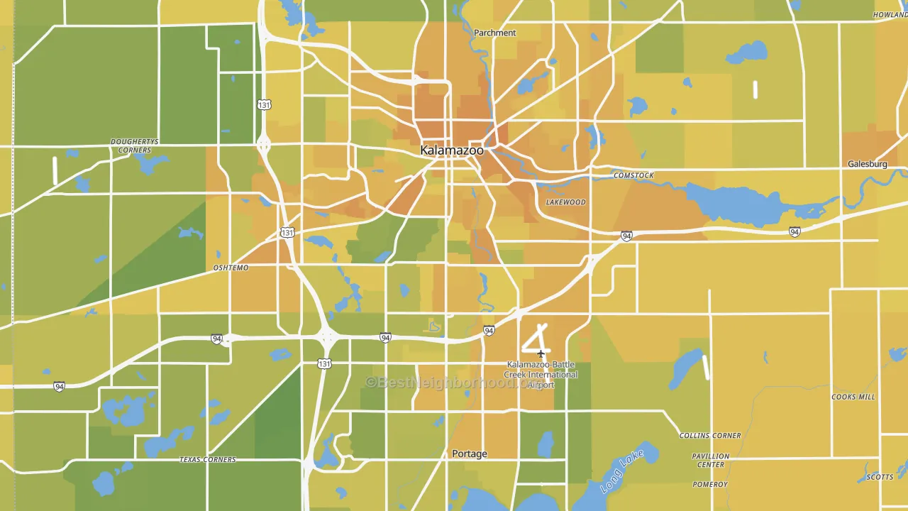 Map of the best neighborhoods in the Kalamazoo County area, with better matches in green and worse matches in red