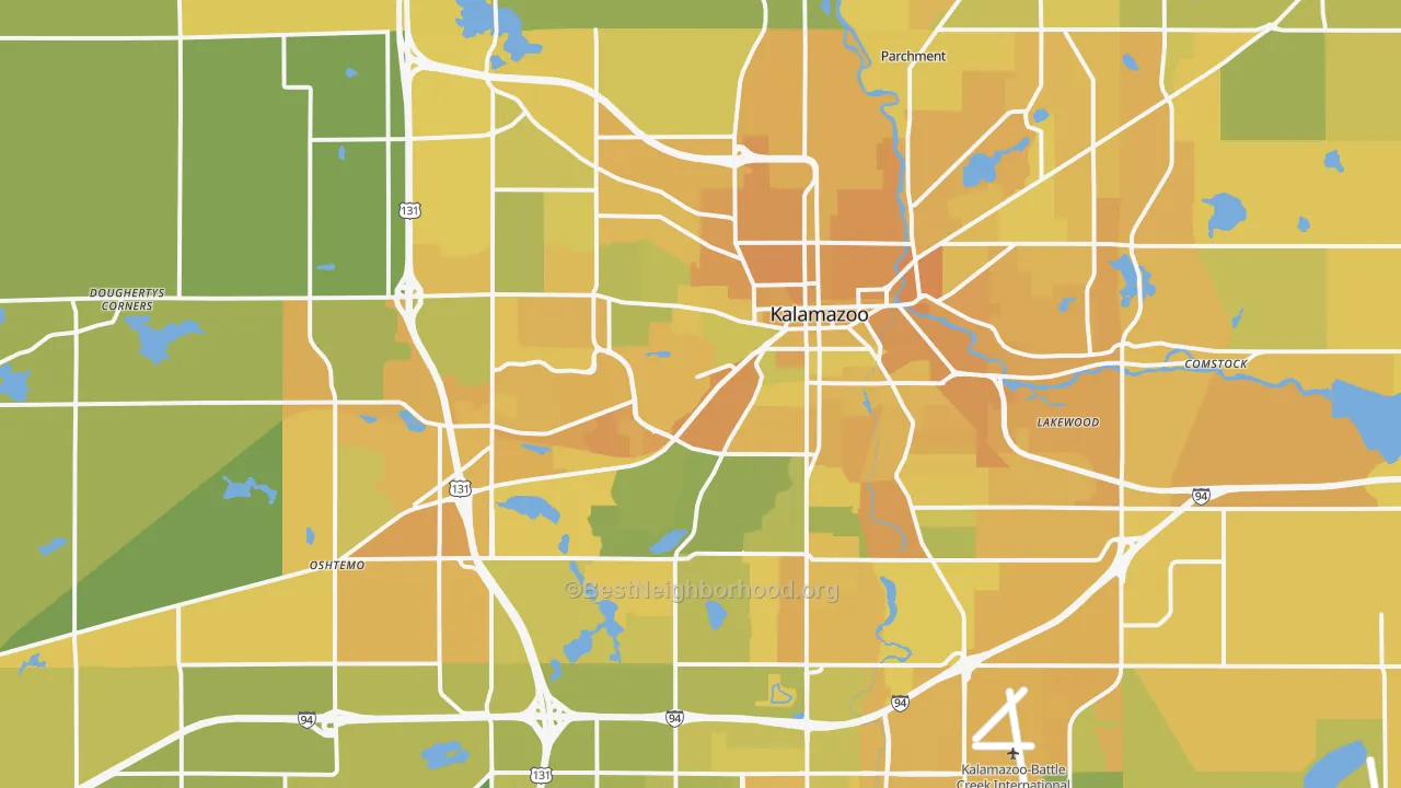 Map of the best neighborhoods in the Kalamazoo Metro area, with better matches in green and worse matches in red