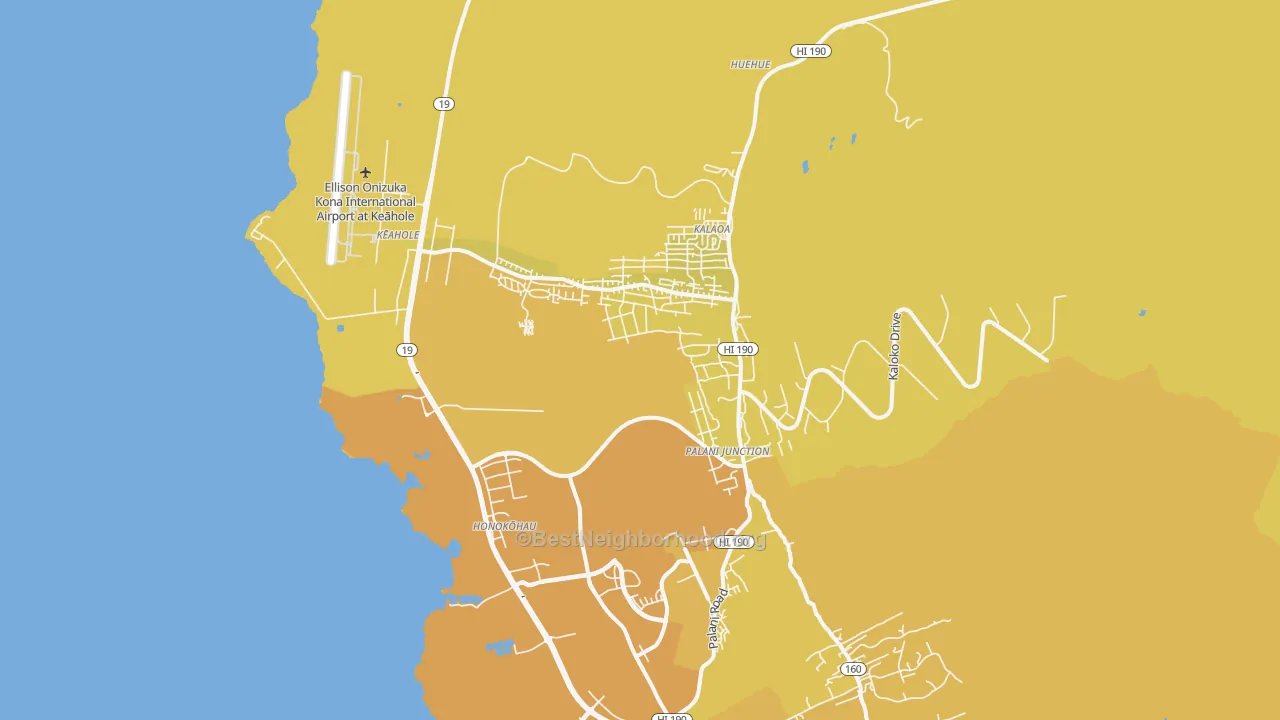 Map of the best neighborhoods in the Kalaoa area, with better matches in green and worse matches in red