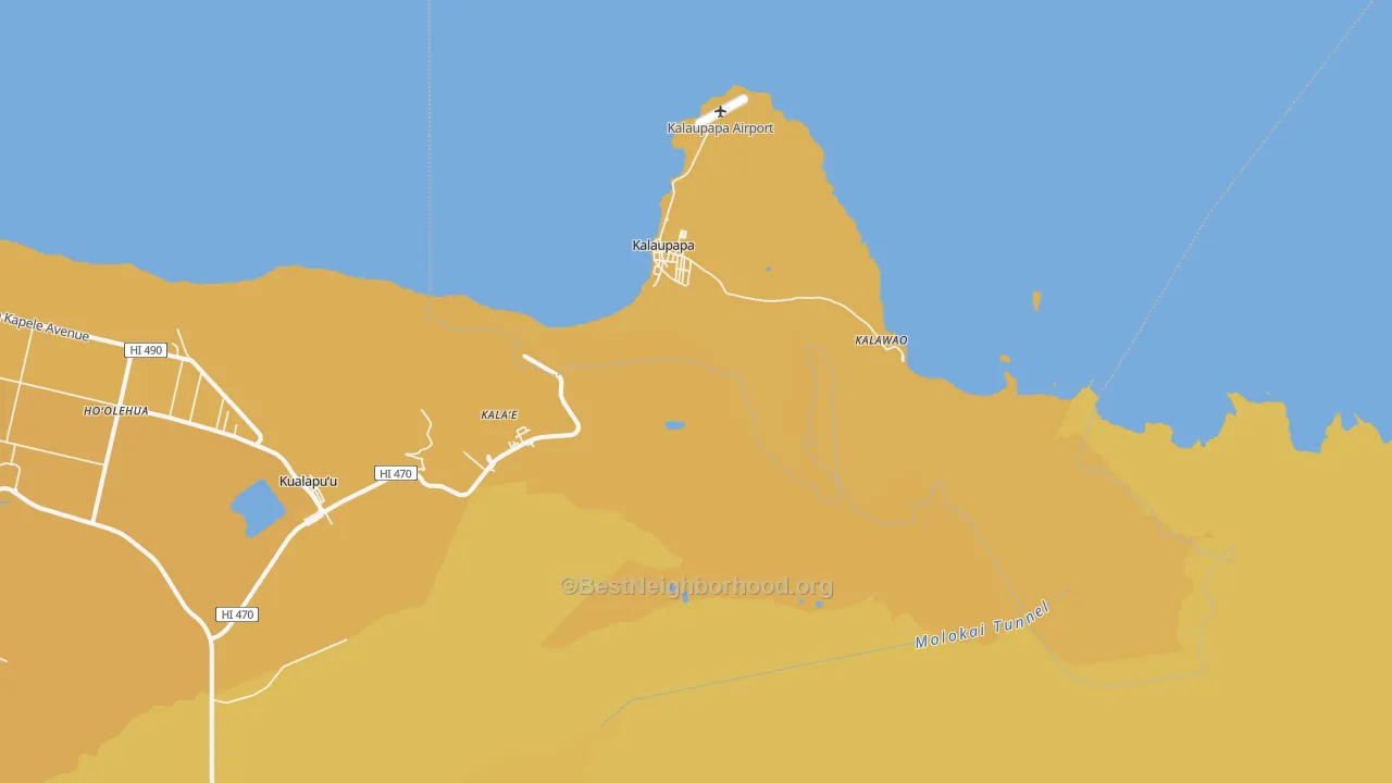 Map of the best neighborhoods in the Kalaupapa area, with better matches in green and worse matches in red