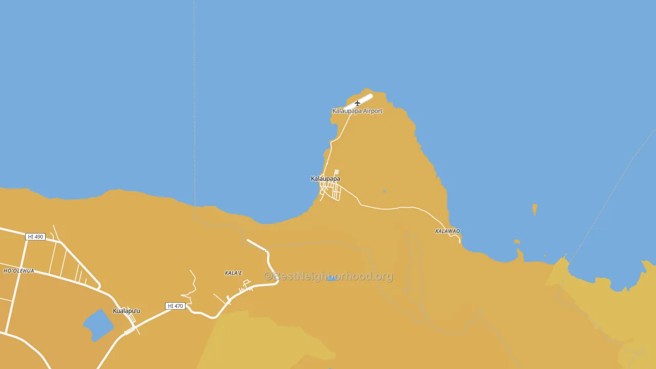 Map of the best neighborhoods in the Kalawao County area, with better matches in green and worse matches in red