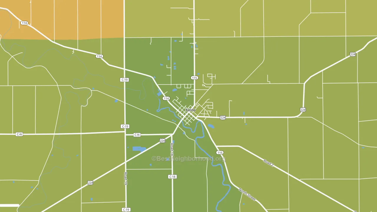 Map of the best neighborhoods in the Kalida area, with better matches in green and worse matches in red