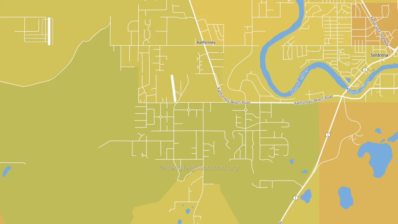 Map of the best neighborhoods in the Kalifornsky area, with better matches in green and worse matches in red
