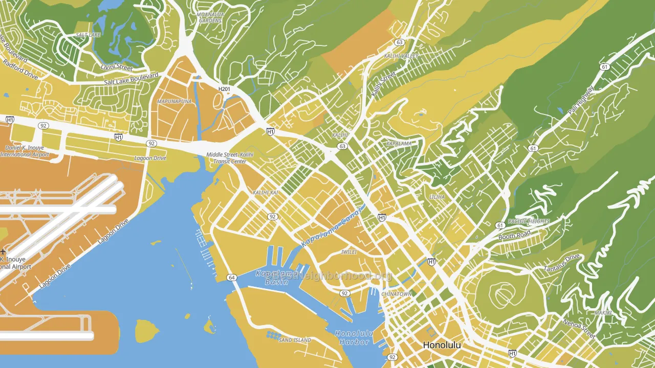 Map of the best neighborhoods in the Kalihi-Palama, Honolulu area, with better matches in green and worse matches in red