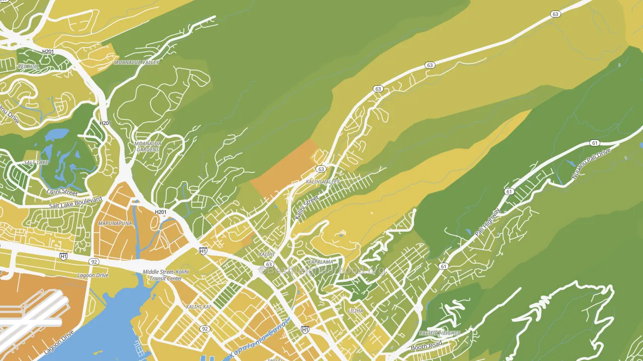 Map of the best neighborhoods in the Kalihi Valley, Honolulu area, with better matches in green and worse matches in red