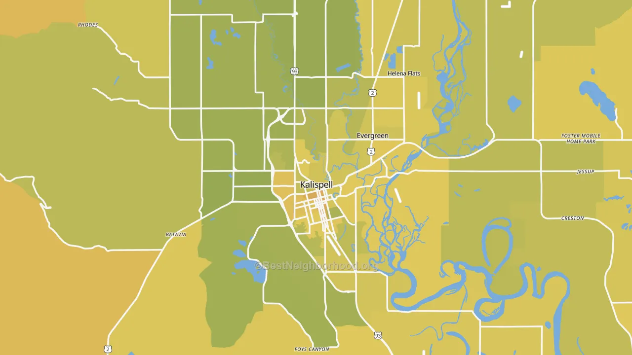 Map of the best neighborhoods in the Kalispell area, with better matches in green and worse matches in red