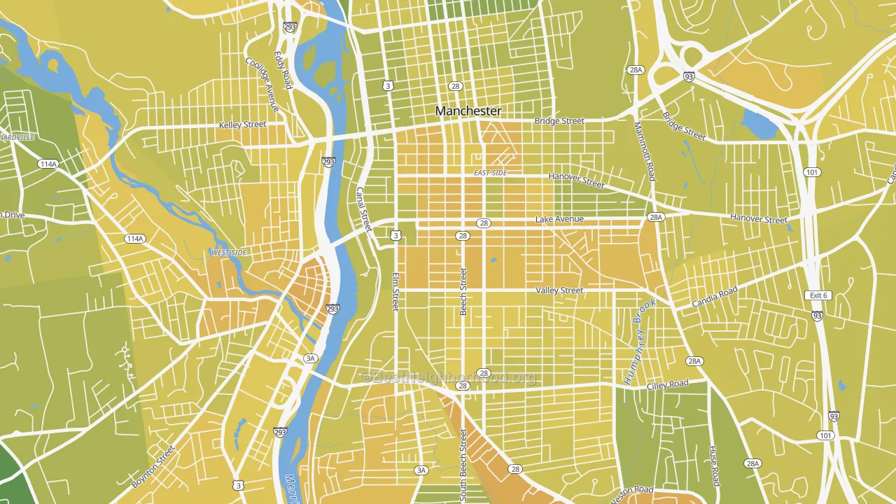 Map of the best neighborhoods in the Kalivas Union, Manchester area, with better matches in green and worse matches in red