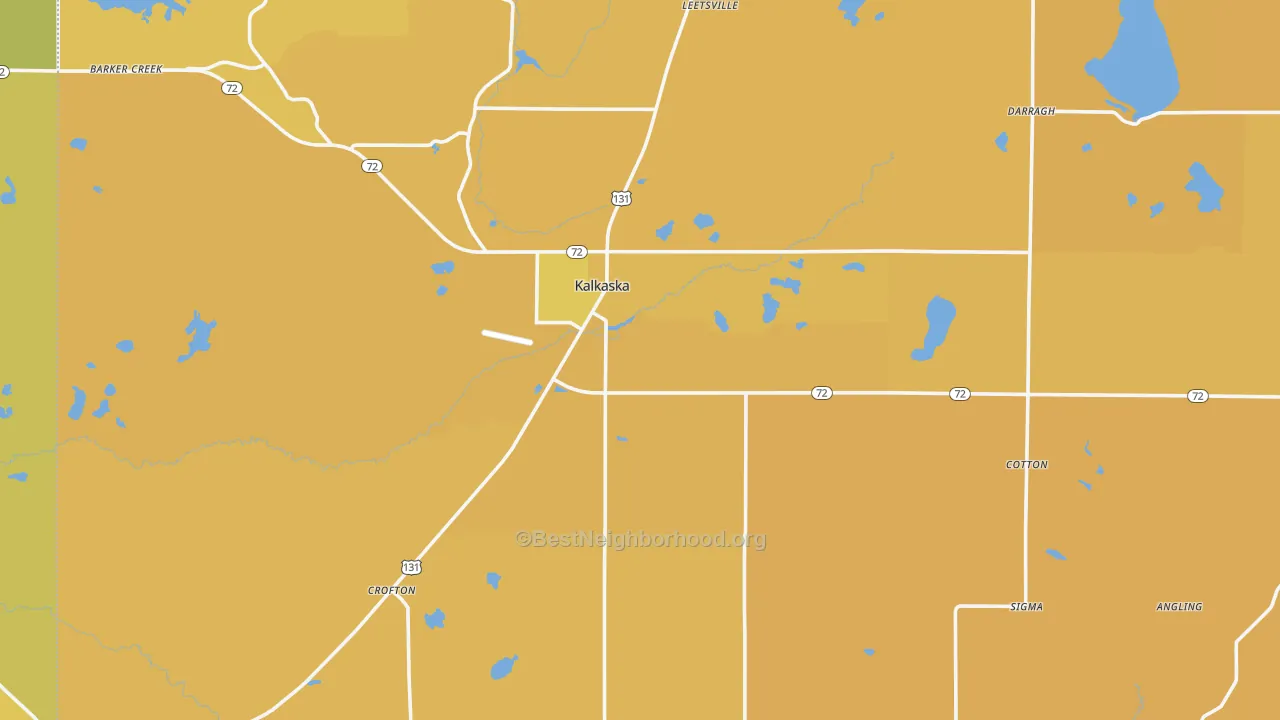 Map of the best neighborhoods in the Kalkaska County area, with better matches in green and worse matches in red