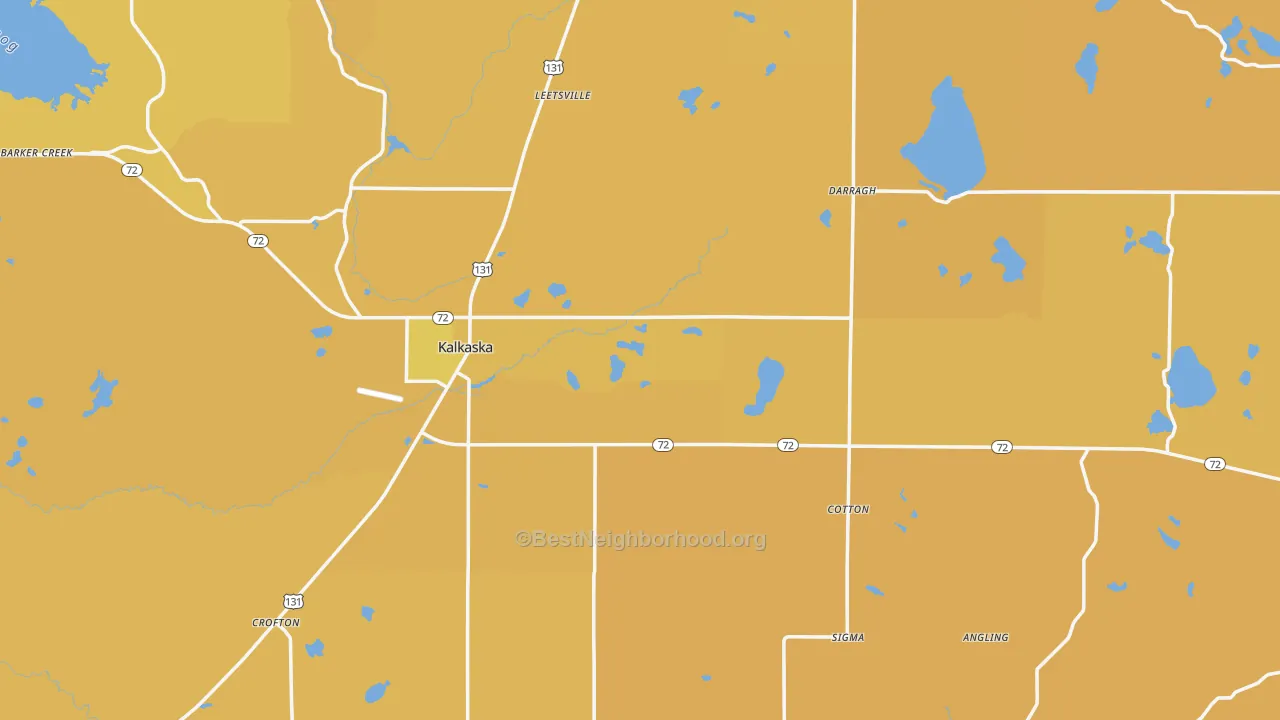 Map of the best neighborhoods in the Kalkaska area, with better matches in green and worse matches in red