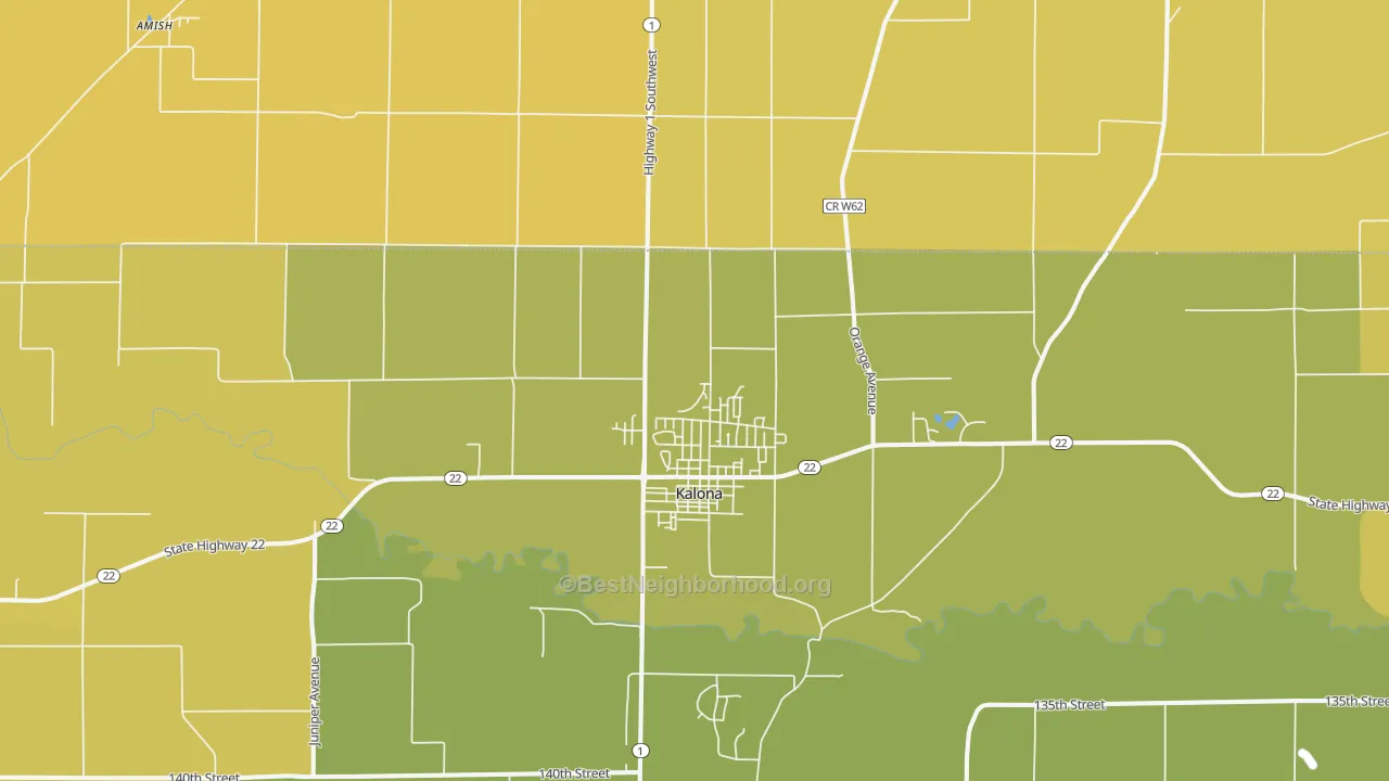 Map of the best neighborhoods in the Kalona area, with better matches in green and worse matches in red