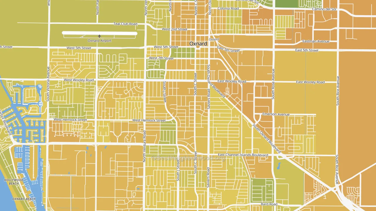 Map of the best neighborhoods in the Kamala Park, Oxnard area, with better matches in green and worse matches in red