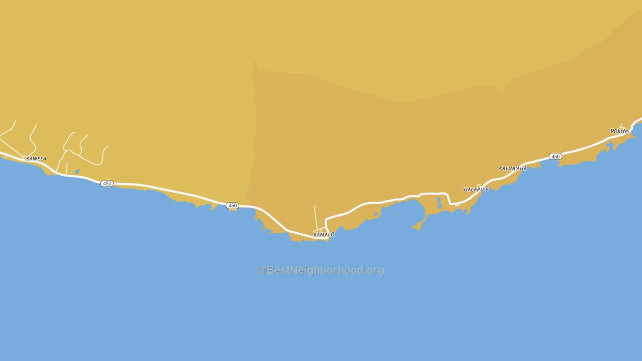 Map of the best neighborhoods in the Kamalo area, with better matches in green and worse matches in red
