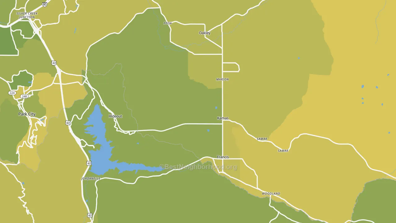 Map of the best neighborhoods in the Kamas area, with better matches in green and worse matches in red