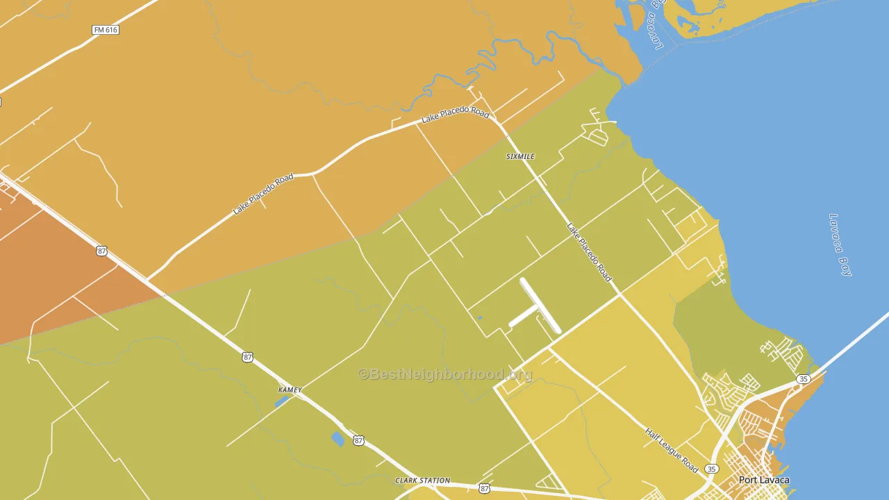 Map of the best neighborhoods in the Kamey area, with better matches in green and worse matches in red