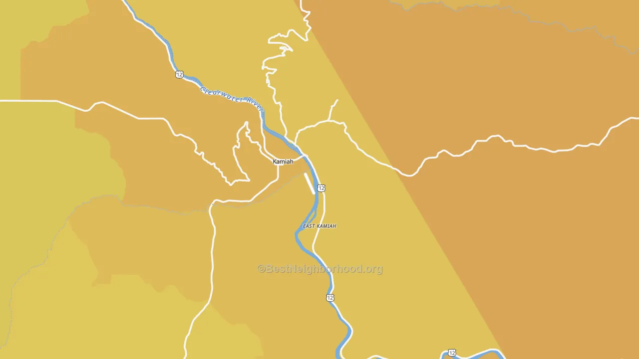 Map of the best neighborhoods in the Kamiah area, with better matches in green and worse matches in red