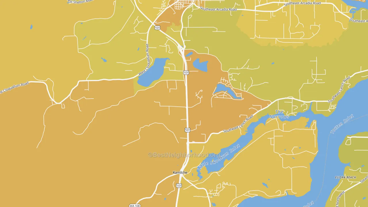 Map of the best neighborhoods in the Kamilche area, with better matches in green and worse matches in red
