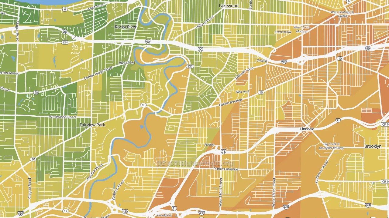 Map of the best neighborhoods in the Kamms Corner, Cleveland area, with better matches in green and worse matches in red