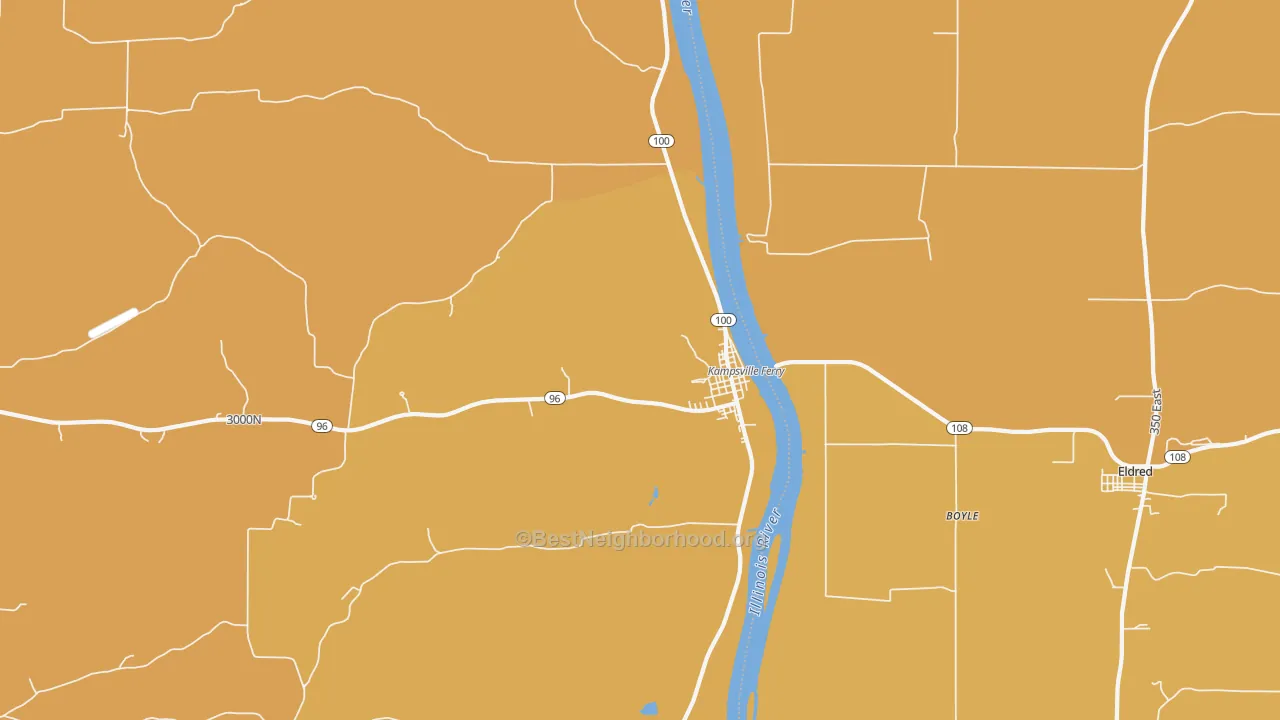 Map of the best neighborhoods in the Kampsville area, with better matches in green and worse matches in red