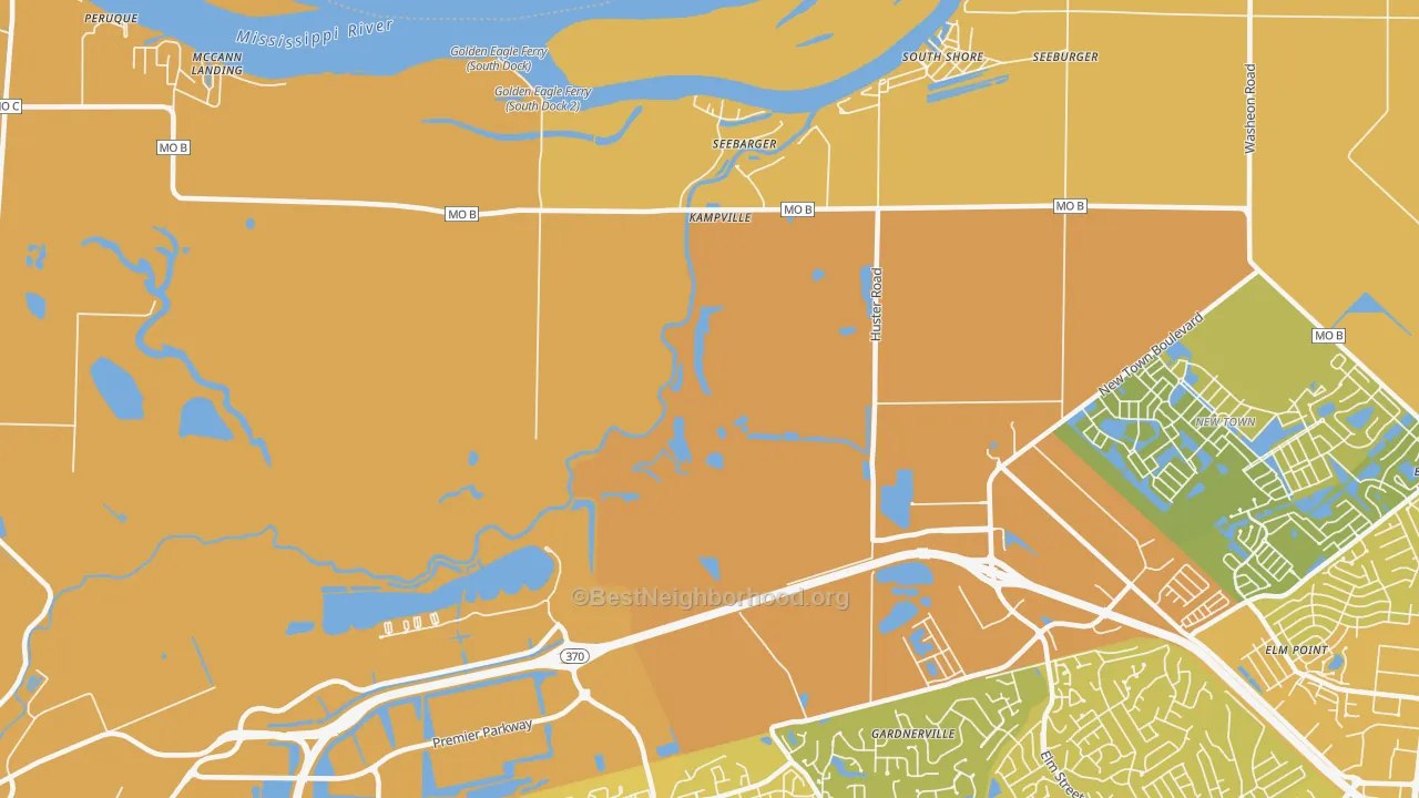 Map of the best neighborhoods in the Kampville area, with better matches in green and worse matches in red
