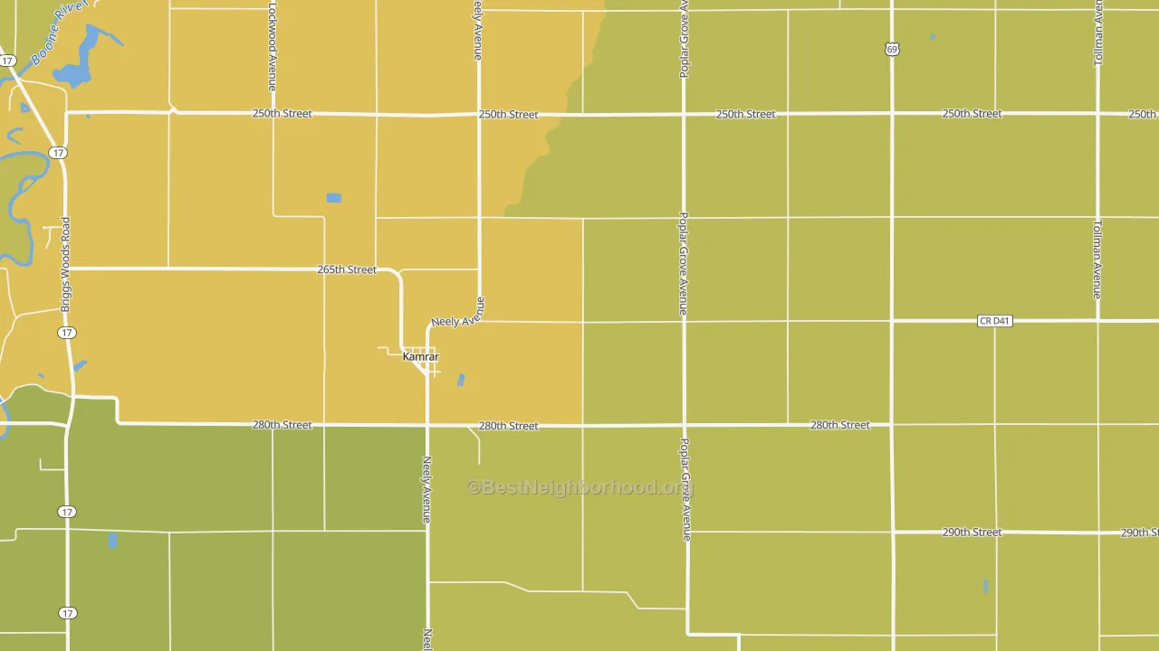 Map of the best neighborhoods in the Kamrar area, with better matches in green and worse matches in red