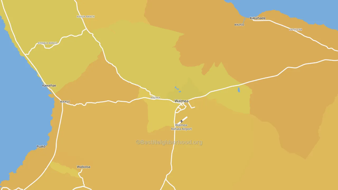 Map of the best neighborhoods in the Kamuela, Waimea area, with better matches in green and worse matches in red