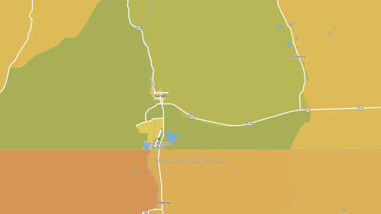 Map of the best neighborhoods in the Kanab area, with better matches in green and worse matches in red