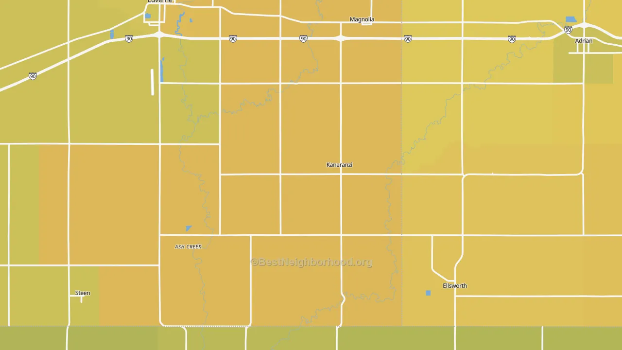 Map of the best neighborhoods in the Kanaranzi area, with better matches in green and worse matches in red