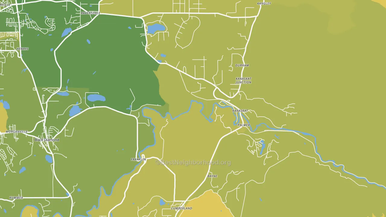 Map of the best neighborhoods in the Kanaskat area, with better matches in green and worse matches in red