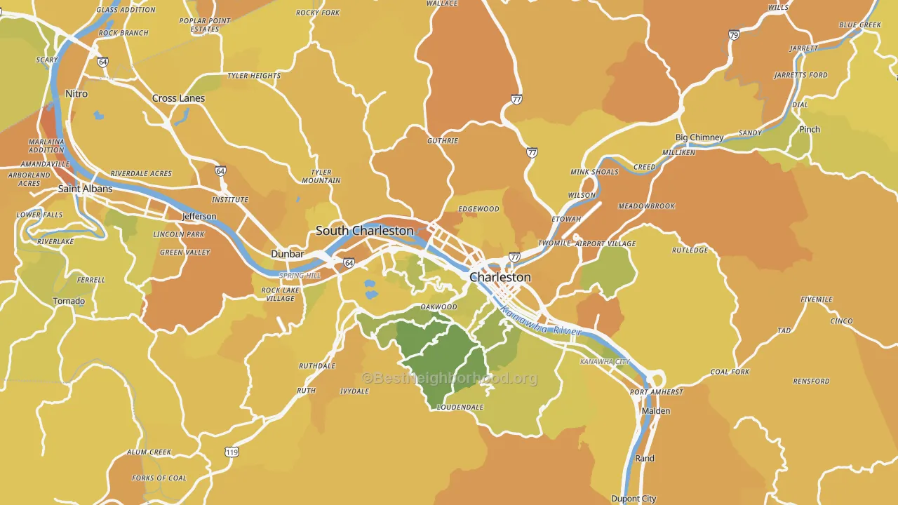 Map of the best neighborhoods in the Kanawha County area, with better matches in green and worse matches in red