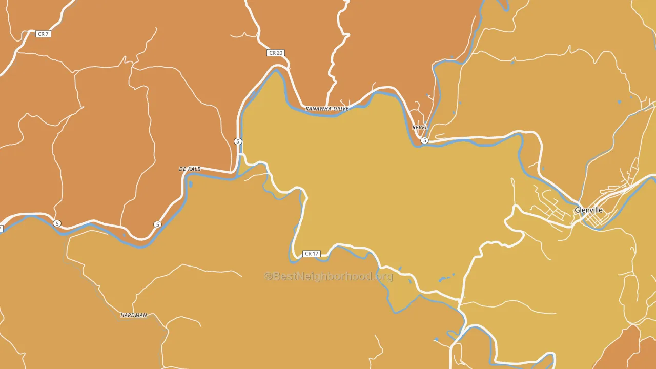 Map of the best neighborhoods in the Kanawha Drive area, with better matches in green and worse matches in red