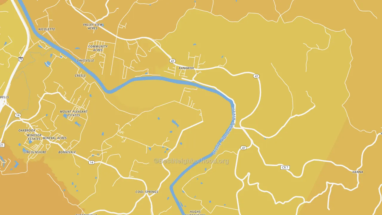 Map of the best neighborhoods in the Kanawha area, with better matches in green and worse matches in red