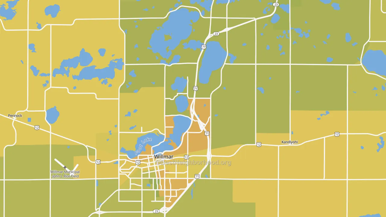 Map of the best neighborhoods in the Kandiyohi County area, with better matches in green and worse matches in red