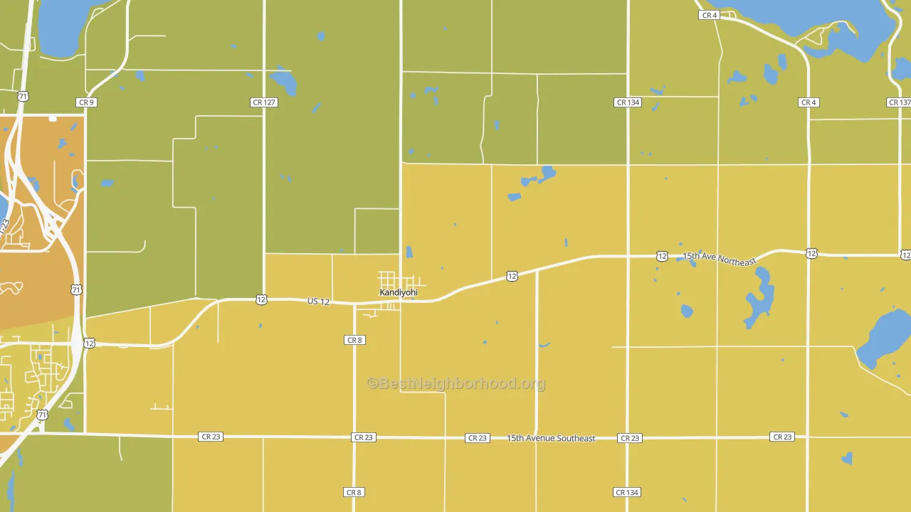 Map of the best neighborhoods in the Kandiyohi area, with better matches in green and worse matches in red