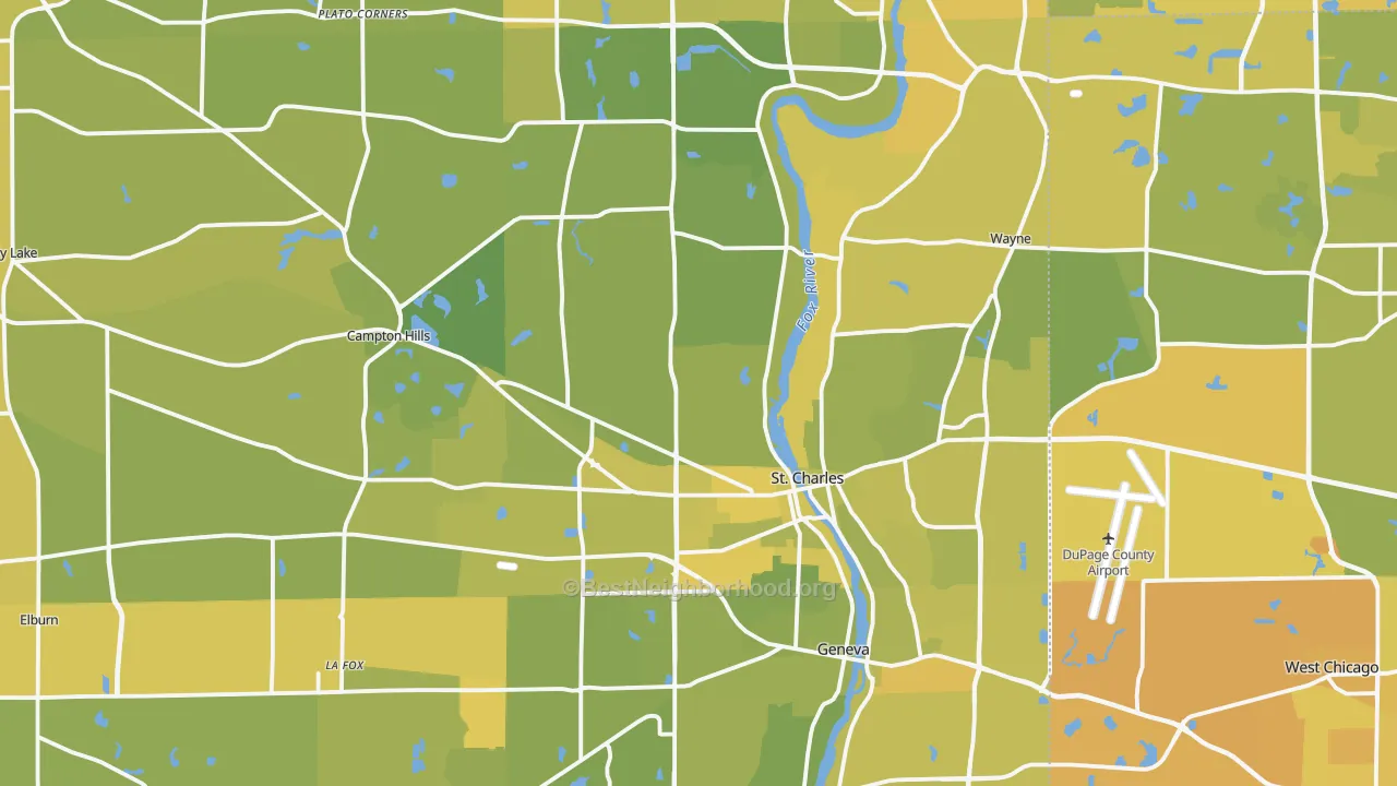 Map of the best neighborhoods in the Kane County area, with better matches in green and worse matches in red